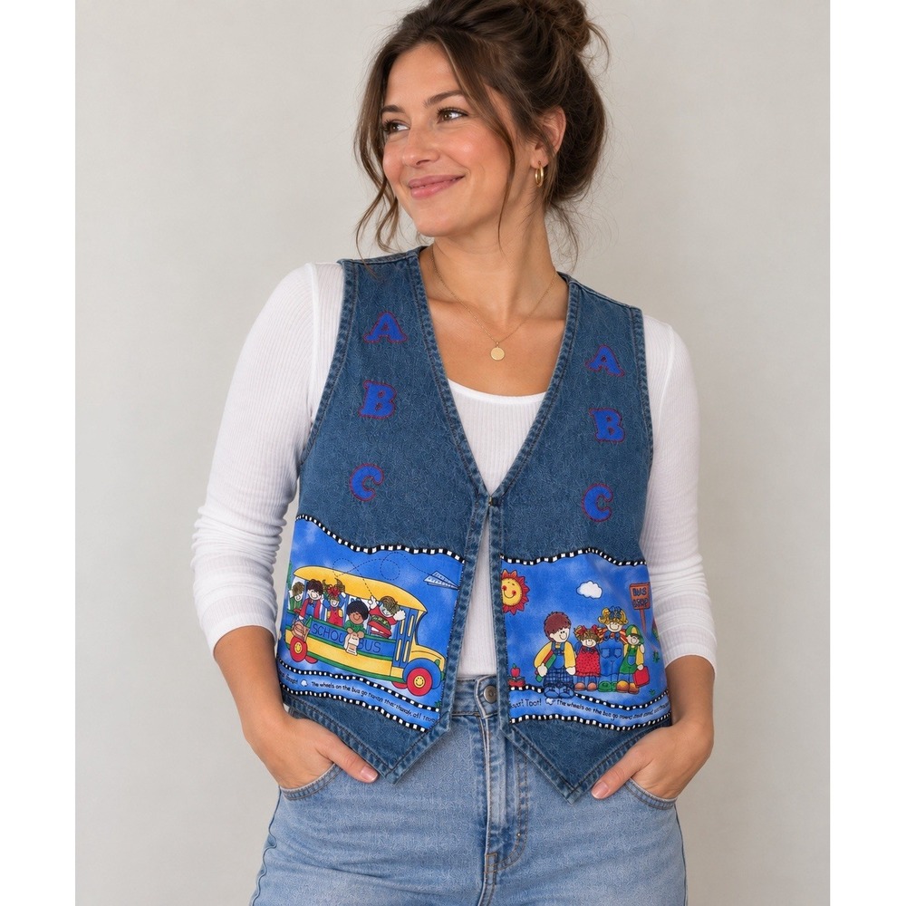 Vintage 90s Denim Teacher Vest School Bus ABC Applique Novelty Classroom 22"